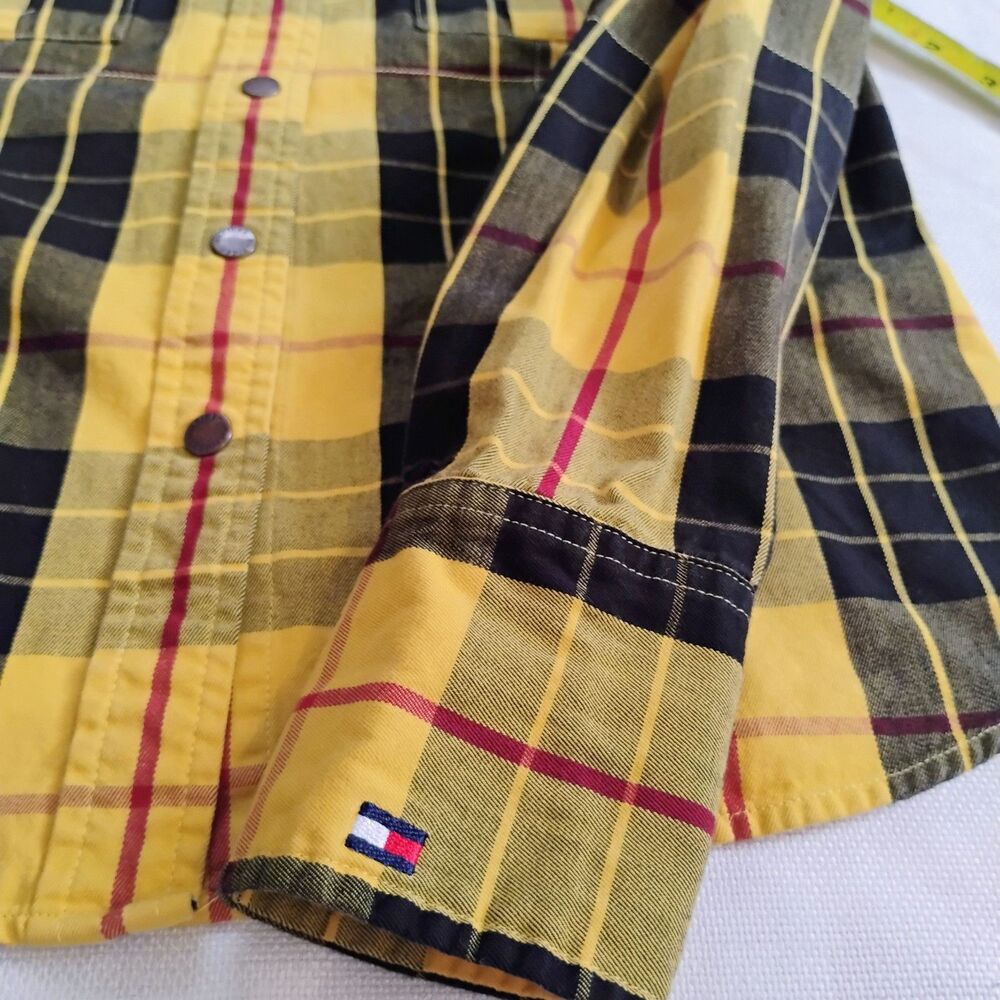 Tommy Hilfiger Y2K Yellow Plaid Flannel Shirt Small Clueless 2002 Snap Vintage - Picture 14 of 16